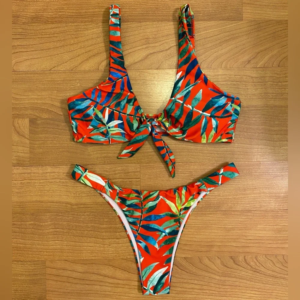 Red Tropical Knot Front Cheeky Bikini Set